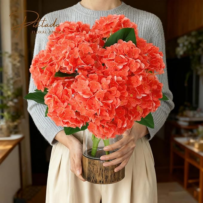 A Bunch 21in, Real Touch Hydrangea Artificial Flowers, with 5pcs Flower Head 8pcs Leaves, Faux Hydrangea Flowers for Home Office Decor Wedding Party Arrangements (2, Orange-red)