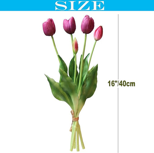 20pcs Artificial Tulip Flowers,16 Inch Real Touch Tulip Stems with Faux Leaves, Faux Tulips and Buds for Home Décor Centerpiece Ornament Wedding Bouquet,Deep Purple