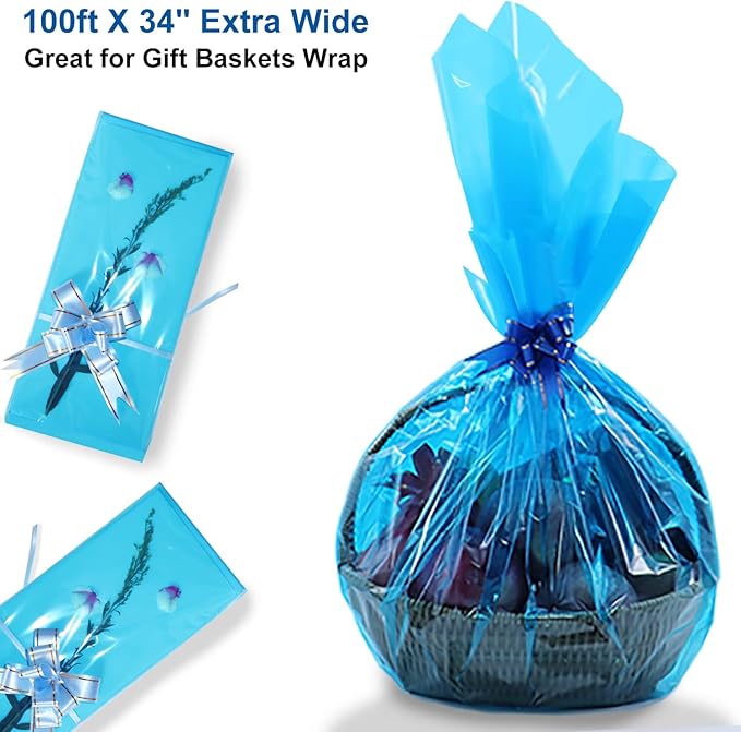 100 ft x 34 in Extra Wide Cellophane Wrap Roll Blue, Translucent Cellophane Roll for Gift Baskets Wrap, Colored Cellophane Wrapping Paper for Treats, Candies, Holiday, Birthday, Baby Shower Decoration