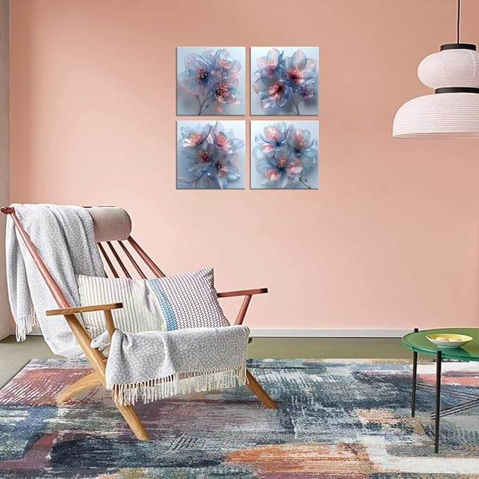 Pankila Abstract Flower Wall Art Blooming Flowers Pictures Canvas Prints Blue Pink Flower Wall Decor for Living Room Bedroom Bathroom Home Decorations Painting Framed Artwork (20''W x 20''H x 4)
