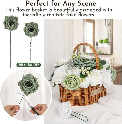 Artificial Flowers Combo Box Set Fake Flowers Dahlia White Roses Green Leaf with Stems for DIY Wedding Bouquets Baby Shower Party Home Decoration