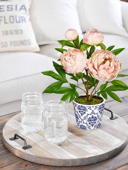 Briful Faux Peony Flowers in Blue and White Ceramic Pot – 13.8" Realistic Silk Peonies Artificial Peony Floral Arrangement Fake Potted Peony Flowers for Home Office Room Desk Shelf Decor(Pale Pink)