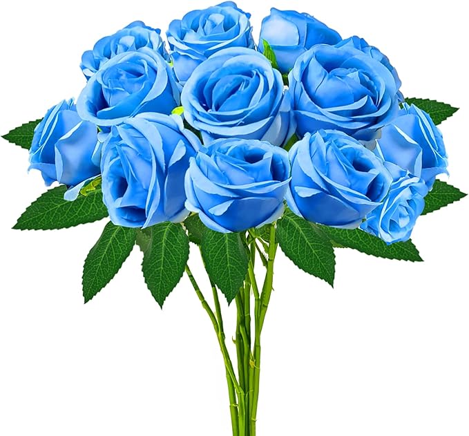 Blue Artificial Roses with Long Stems, 24Pcs Realistic Roses Artificial Flowers, Faux Roses | Bulk Fake Flowers for Home Decor, Wedding Party Table Centerpieces, DIY Bouquet