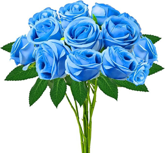 Blue Artificial Roses with Long Stems, 24Pcs Realistic Roses Artificial Flowers, Faux Roses | Bulk Fake Flowers for Home Decor, Wedding Party Table Centerpieces, DIY Bouquet