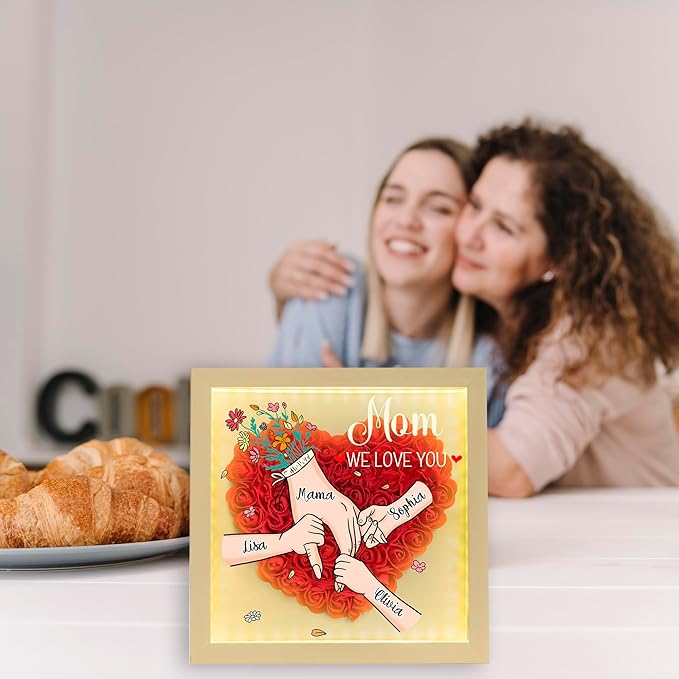 Personalized Mom Flower Shadow Box With LED Light Holding Hand Flower Shadow Box Light Up Frame With Kid's Name Mothers Day Gifts for MOM Grandma Family Birthday (Hand In Hand)