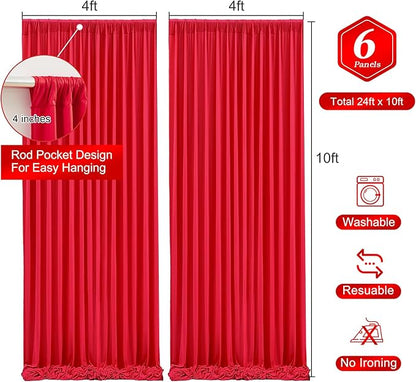 Red Backdrop Curtains 6 Panels-Wrinkle-Free Polyester Photography Drapes Party Photo Backgrounds for Wedding Christmas Photo Backdrops- 24 X10FT (Red)