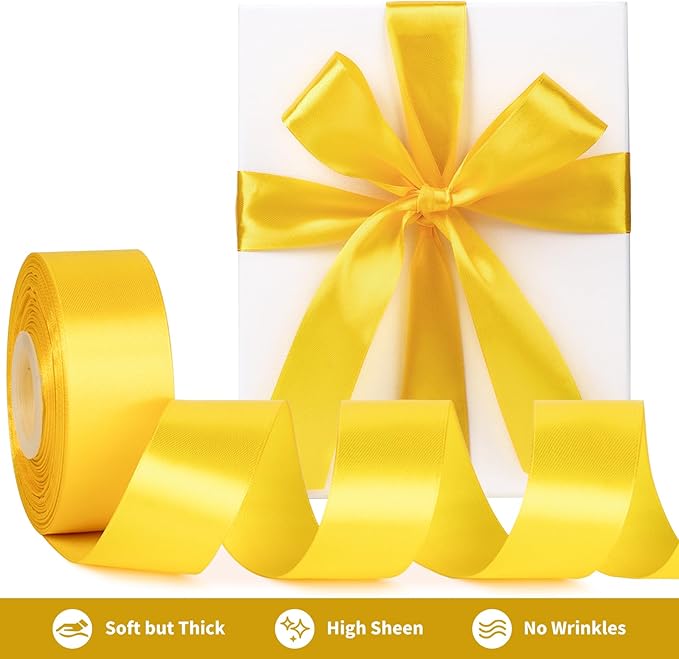 1-1/2 Inch Wide Yellow Satin Ribbon, 50 Yards Solid Polyester Fabric Ribbon for Roses Making, Gift Wrapping, Christmas, Wedding Decorations, Crafts, Bows