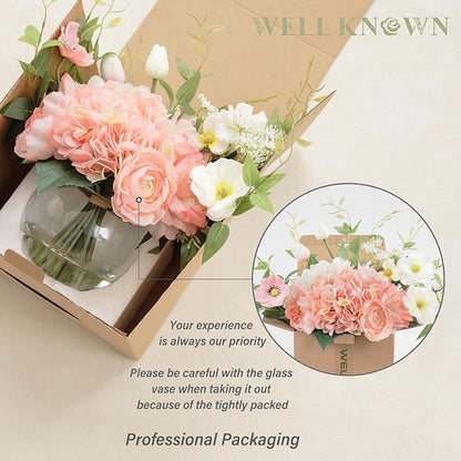 Artificial Flowers in Vase, WELL KNOWN Fake Silk Peony Tulip Hydrangea Pink & White Flower Bouquet Arrangement with Faux Water Centerpieces, Fake Flowers for Home Wedding Dining Table Party Decor Gift