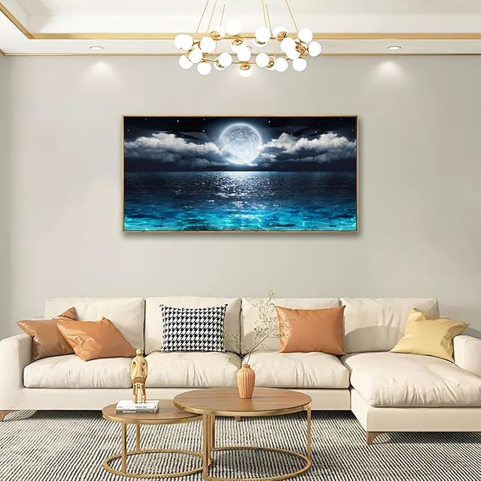 Canvas Wall Art for Living Room Bedroom Office Framed Ocean Beach Wall Art Paintings Pictures Artwork Moon Waves Blue Wall Decor 2.7cm Thick Frame, 20 * 40inch