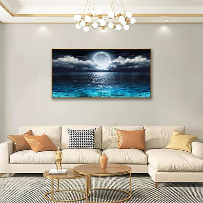 Canvas Wall Art for Living Room Bedroom Office Framed Ocean Beach Wall Art Paintings Pictures Artwork Moon Waves Blue Wall Decor 2.7cm Thick Frame, 20 * 40inch
