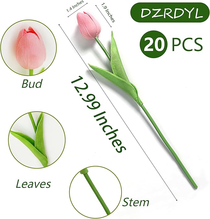 20pcs Pink Artificial Tulip Fake Flower 12.9 Inch Spring Mother's Day Easter Gift for Home Kitchen Wedding Decoration