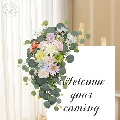 Artificial Wedding Arch Flowers for Wedding Sign,Set of 2 for Wedding Welcome Ceremony Sign,Faux Floral Swags,Wedding, Banquet and Reception Backdrop Floral Decoration (Green)