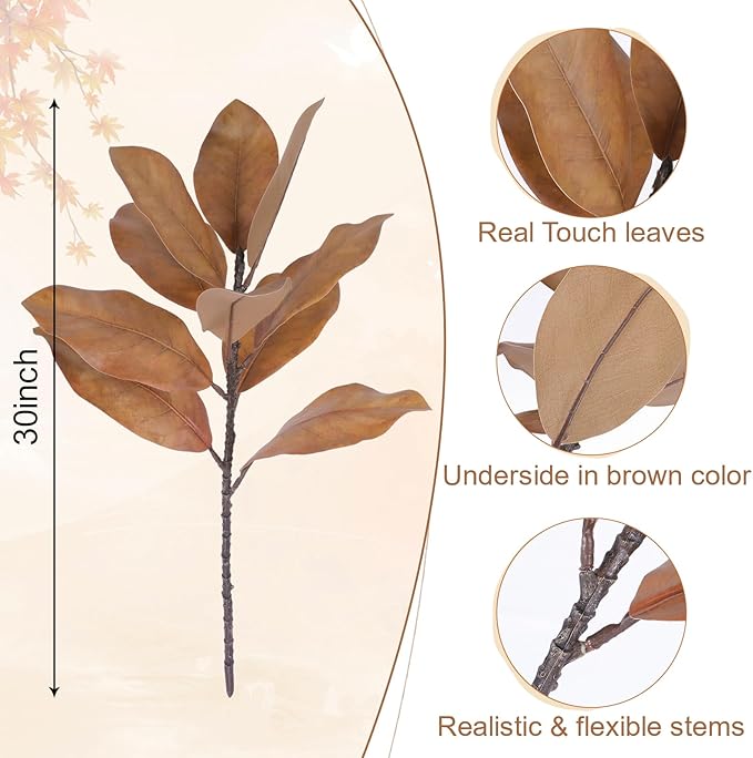 4 Artificial Magnolia Leaf Stems, Real Touch Fake Green Branches for Flower Arrangement, Centerpiece for Indoor and Outdoor Home Dining Tables, Wedding and Party Decorations(Yellow)