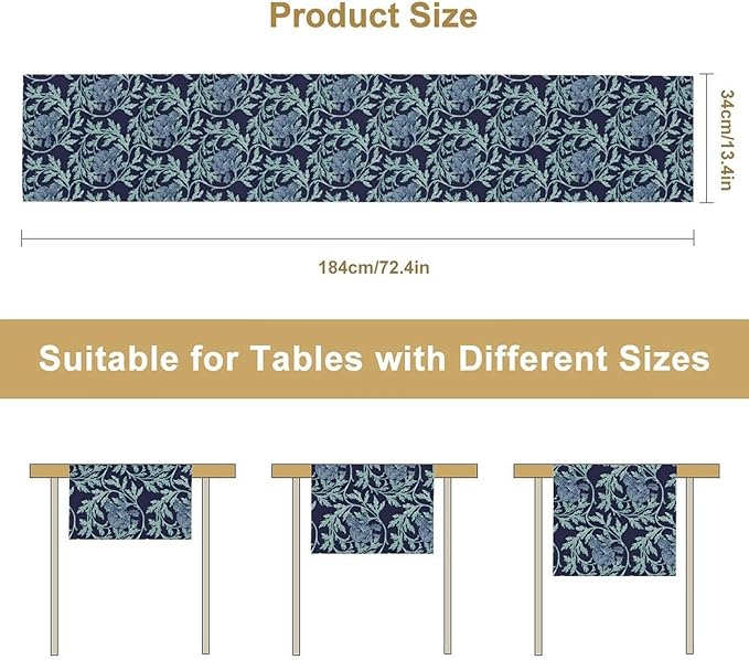 Vintage William Morris Table Runner, Retro Blue Floral Botanical Plant Farmhouse Design Table Runner for Kitchen Dining Party Holiday Decortaion, 13x90 Inch
