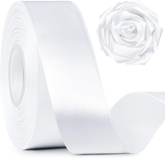 1-1/2 Inch Wide White Satin Ribbon, 50 Yards Solid Polyester Fabric Ribbon for Roses Making, Gift Wrapping, Christmas, Wedding Decorations, Crafts, Bows