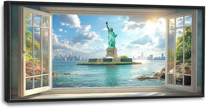 Statue of Liberty Large Wall Art Window Pictures Wall Decor Landmark Canvas Landscape Print Painting Modern Artwork Home Decoration for Living Room Bathroom Bedroom Office Framed 60"x30"
