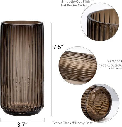 Flower Vase 7.5 inch Amber Thickened Hand Blow Glass Vase Round Vintage Striped Bottles for Bookshelf,Dinner Table,Indoor Office Desktop,Meeting Room,Bathroom,Countertop,Home