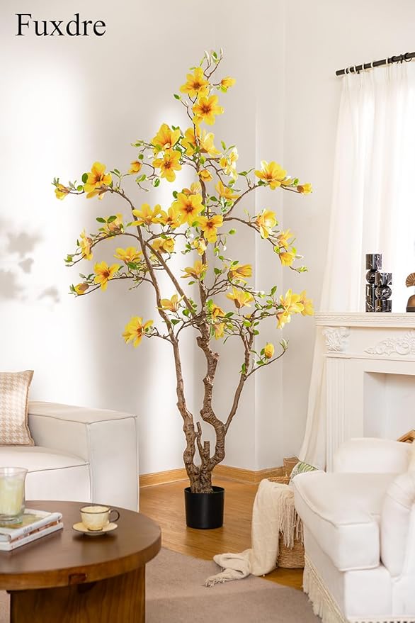 Faux Magnolia Tree 6.8 ft - with 57 Pcs Yellow Artificial Flowers - Tall Artificial Plants Indoor, Large Fake Plant Perfect Potted Magnolia Flower Decor for Living Room, Stairs, Shop, Study Room