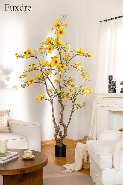 Faux Magnolia Tree 6.8 ft - with 57 Pcs Yellow Artificial Flowers - Tall Artificial Plants Indoor, Large Fake Plant Perfect Potted Magnolia Flower Decor for Living Room, Stairs, Shop, Study Room