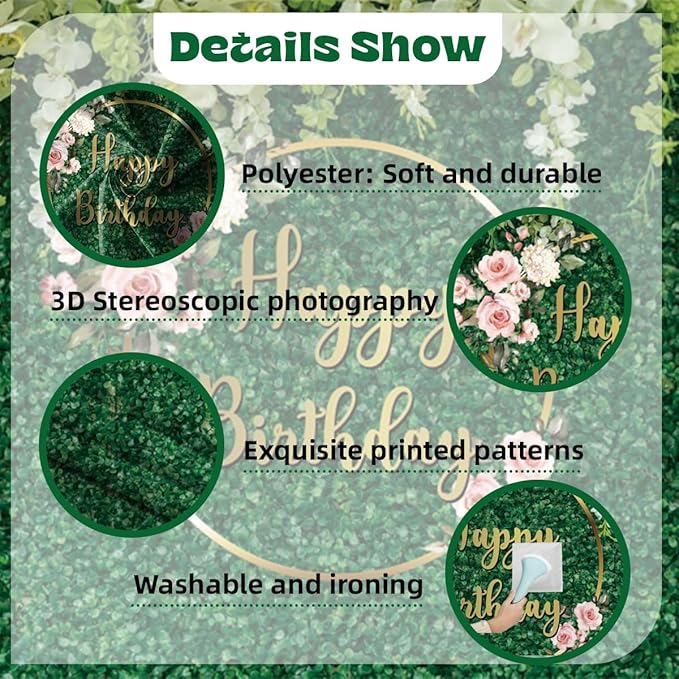7x5ft Happy Birthday Backdrop Green Grass Flowers Wall Rose Floral Greenery Leaves Photography Background Birthday Jungle Party Anniversary Adult Kids Artistic Portraits Photo Props