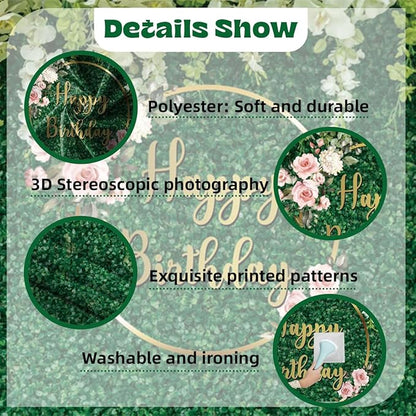 8x6ft Happy Birthday Backdrop Green Grass Flowers Wall Greenery Green Leaves Nature Botanical Photography Background Birthday Party Anniversary Portrait Studio Photo Props Polyester