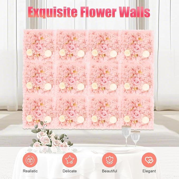 Flower Wall Panel Set, Artificial Wall Flower Backdrop,Artificial Flower Wall Mat Silk Rose Flower Panels,Hydrangea Rose Floral Panel for Party Wedding (12pcs Pink, Champagne)