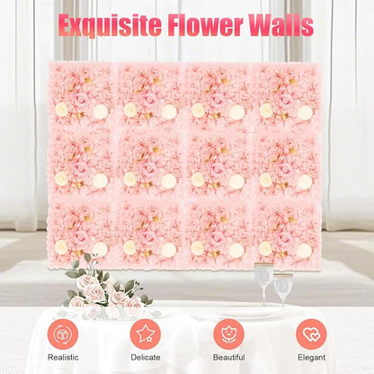 12pcs Artificial Flower Panels, 3D Floral Mat Silk Hydrangea Rose Floral Panel for Wedding Backdrop Wall Decor Shop Photo Backdrop, Festival & Event Wall Décor (15 x15in, Champagne Pink)