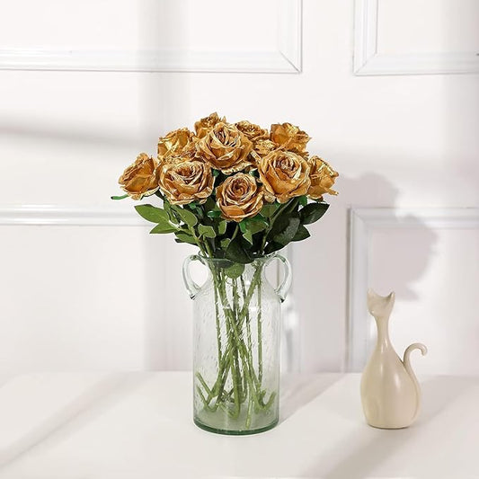 Gold Fake Roses Artificial Flowers - 10 Pcs Fake Artificial Roses Silk Flowers with Stems for Home Wedding Hotel Office Centerpiece Decor