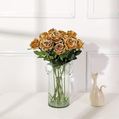 Gold Fake Roses Artificial Flowers - 16 Pcs Fake Artificial Roses Silk Flowers with Stems for Home Wedding Hotel Office Centerpiece Decor