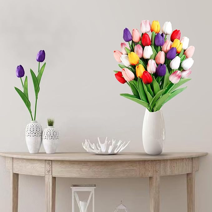 Sggvecsy 30 Pcs Fake Tulips Artificial Flowers Real Touch PU Faux Flowers Tulip Stems for Wedding Spring Bouquet Floral Arrangement Party Home Office Decorations for Mother's Day (Multi Colors)