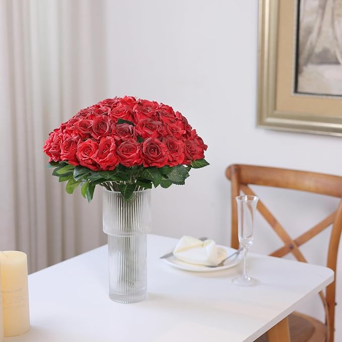 YXZZWL 60 Pcs Artificial Roses in Bulk, Fake Silk Roses Realistic Roses Stem Faux Roses Bouquet for Wedding Centerpieces Flower Arrangement Home Decor (Red)