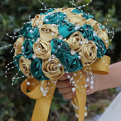 Bridal Wedding Bouquet Round Bling Brooch Bouquet Throw Toss Artificial Rose Flower Bunch for Bride Bridesmaid Wedding Quinceanera(Dark Green & Gold, 8.7")