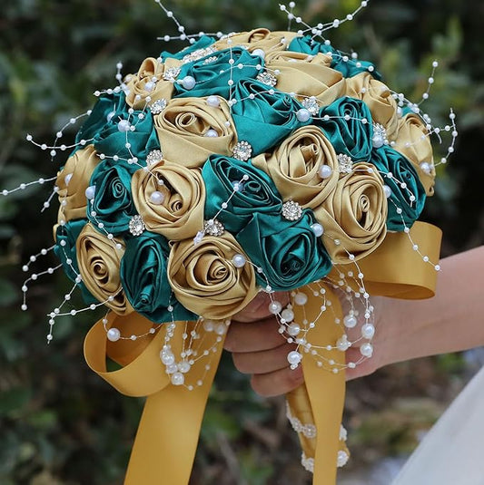 Bridal Wedding Bouquet Round Bling Brooch Bouquet Throw Toss Artificial Rose Flower Bunch for Bride Bridesmaid Wedding Quinceanera(Dark Green & Gold, 8.7")
