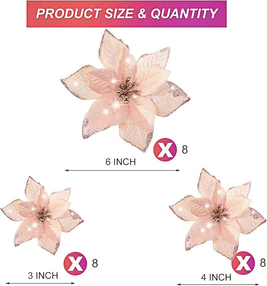 WILLBOND 24 Pcs 3 Size Poinsettia Flower Artificial Christmas Decor Glitter Poinsettia Christmas Ornaments Faux Flowers for Xmas Tree Outdoor(3.2/4/6 Inches,Rose Gold)