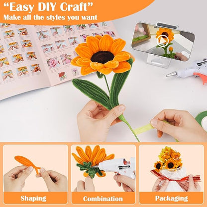 500 PCS Pipe Cleaners Craft Kit for Flower Making Sunflower DIY Material Bundle with 20 Stems, 100 Stamens, Ribbon, Tulle, Glue Sticks & Step-by-Step Guide Vibrant Colors, Non Shedding, FadeResistant