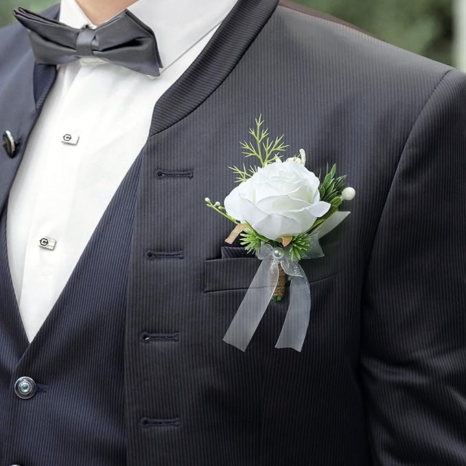 2pcs White Rose Boutonniere for Men Artificial Rose Flower for Wedding Flowers Ceremony Prom Flower (2 Boutonniere)