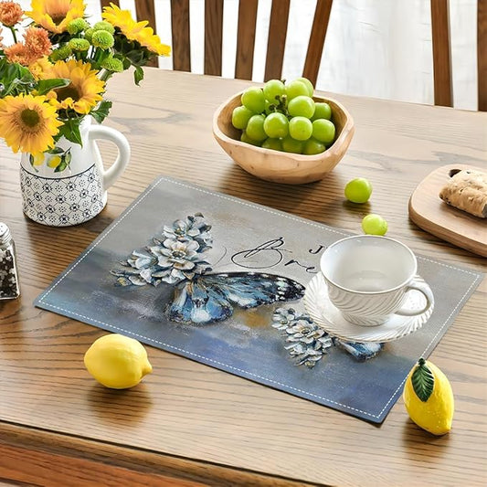 Blue Butterfly Placemats Set of 4, Farmhouse Country Rustic Just Breathe Place Mats Washable Double-Sided Table Mats for Dining Room Home Party Indoor 4 PCS 12x18 Inch