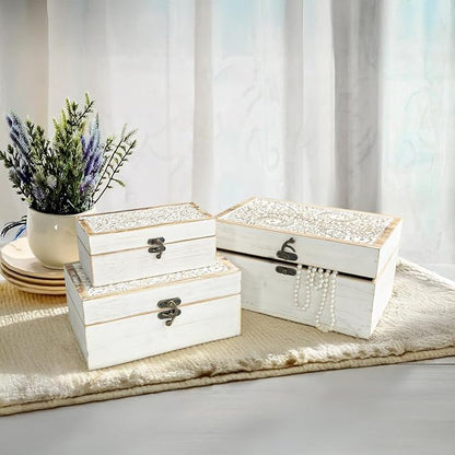 Set of 3 Decorative Wooden Boxes, Rustic Farmhouse Keepsake Box Decorative Boxes with Hinged Lid and Floral Carved Design, Wood Storage Box for Home Decor, White