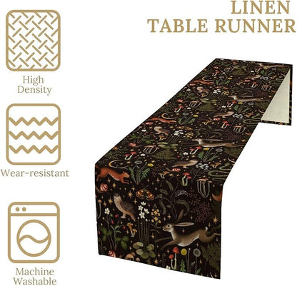 Rustic Forest Table Runner, Farmhouse Country Fairy Woodland Wild Animals Butterfly Mushroom Table Runner for Home Kitchen Dining Table Decor, 13x70inch