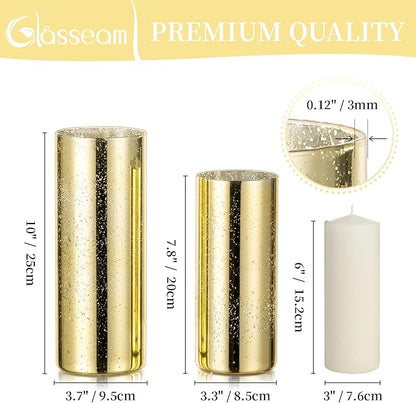 Glasseam Gold Cylinder Vases for Centerpieces: 6 Modern Mercury Hurricane Glass Vase Set for Flowers - Decorative Golden Pillar Candle Holders for Wedding Party Dining Room Table Decor