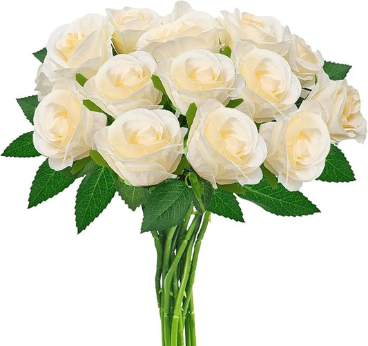 Champagne Artificial Roses with Long Stems, 12Pcs Realistic Roses Artificial Flowers, Faux Roses | Bulk Fake Flowers for Home Decor, Wedding Party Table Centerpieces, DIY Bouquet