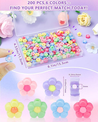FIVEIZERO 200PCS Acrylic Flower Beads for Bracelets, Solid Color Five Petal Bead Charms for DIY Jewelry Making, Necklaces & Craft Supplies