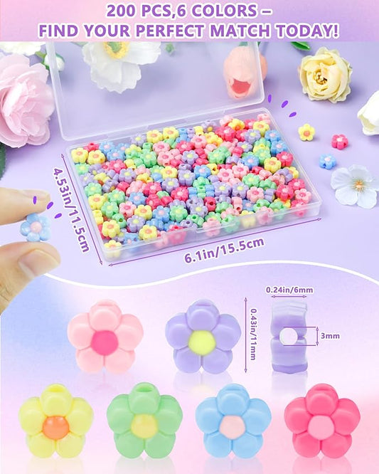 FIVEIZERO 200PCS Acrylic Flower Beads for Bracelets, Solid Color Five Petal Bead Charms for DIY Jewelry Making, Necklaces & Craft Supplies