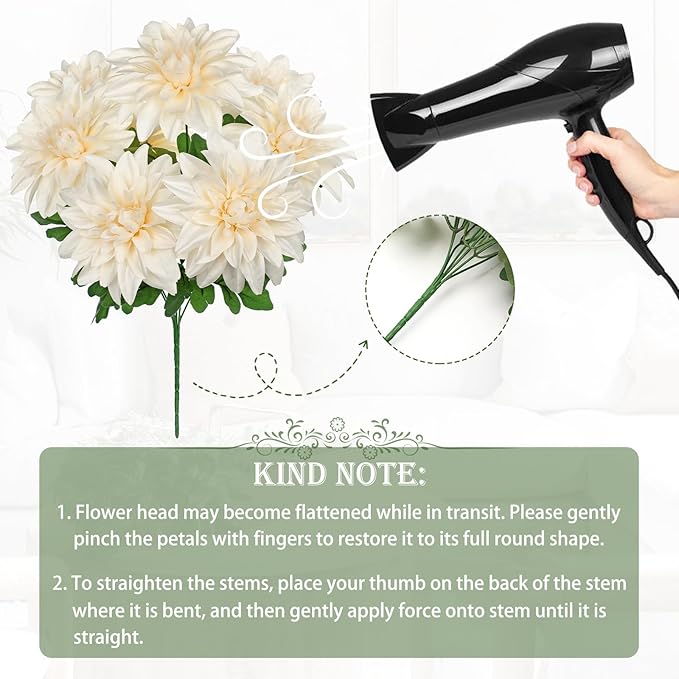 Hollyone White Artificial Dahlia Flowers Bush 7 Heads Silk Fake Dahlias Flowers with Stems Wedding Bouquets Faux Dahlia Flowers Floral Arrangements for Outdoor Indoor DIY Table Centerpieces Home Decor