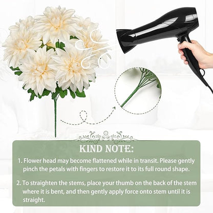 Hollyone White Artificial Dahlia Flowers Bush 7 Heads Silk Fake Dahlias Flowers with Stems Wedding Bouquets Faux Dahlia Flowers Floral Arrangements for Outdoor Indoor DIY Table Centerpieces Home Decor