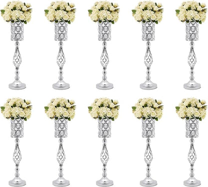Wedding Centerpieces for Tables, 10 Pcs Vases for Centerpieces with Crystal Beads, 24in Tall Wedding Vase for Tables, Metal Flower Vase Stand with Crystal Beads(Silver)