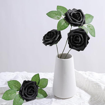 AmyHomie Artificial Flowers Black Rose 25pcs Real Looking Fake Roses w/Stem for DIY Wedding Bouquets Centerpieces Arrangements Party Baby Shower Valentines Day Christmas Tree Decorations