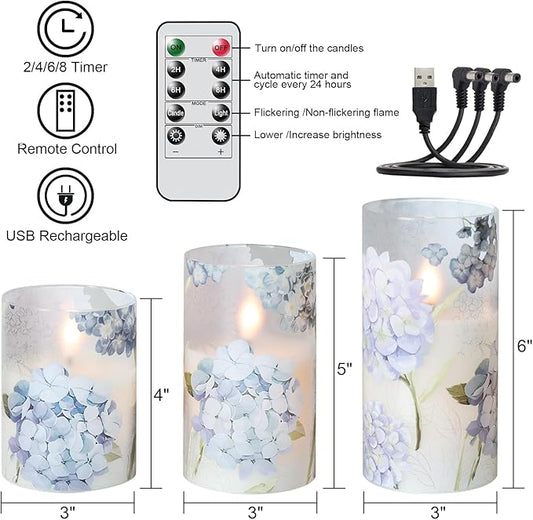 DRomance Rechargeable Hydrangea Glass Flameless Candles with Remote Timer Battery Operated LED Flickering Pillar Candles Real Wax Spring Dinner Christmas Holiday Decor D3 x H4, 5", 6"