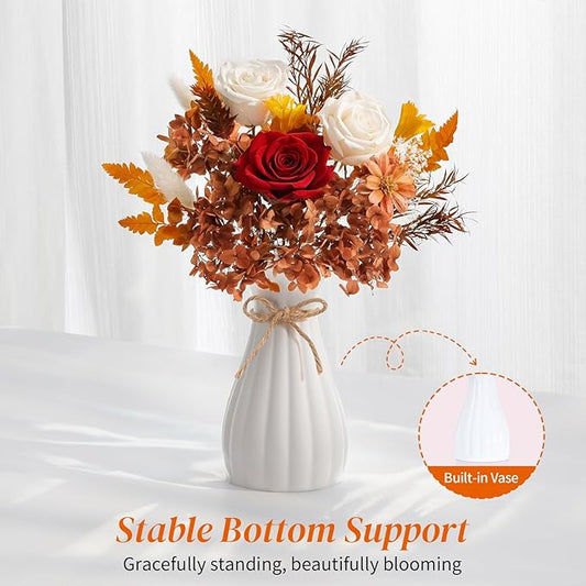 Lewondr Flower for Delivery, Preserved Flowers Bouquet, White Roses Bouquet, Real Long-Lasting Forever Birthday Flowers Gifts for Her Best Friend Mothers Day Christmas Graduation, White-Orange