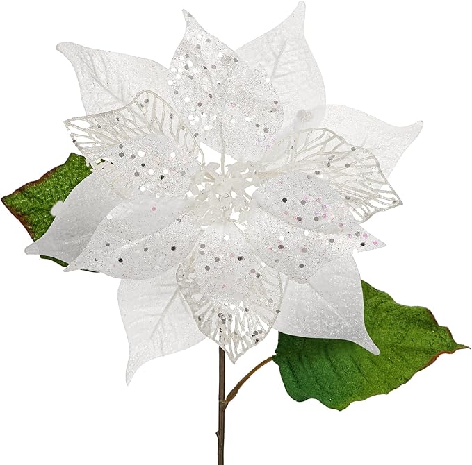10" Poinsettia Flower Artificial for Christmas Tree Decor, 3 Pcs Faux Glitter Poinsettias Stems for DIY Xmas Wreath & Garland, Christmas Ornaments for Home Party, Holiday & Wedding Decorations, White